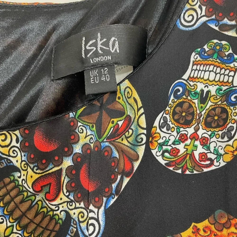 Iska London retro punk goth skeleton sugar skull black dress size 12